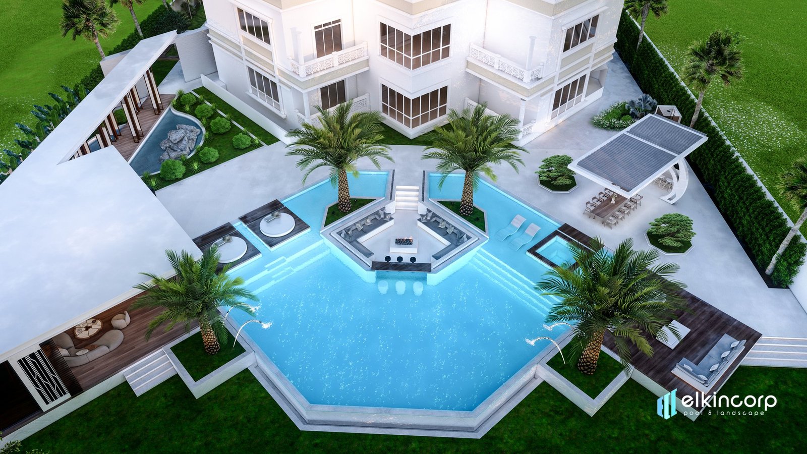 Aerial view of a hexagonal villa pool