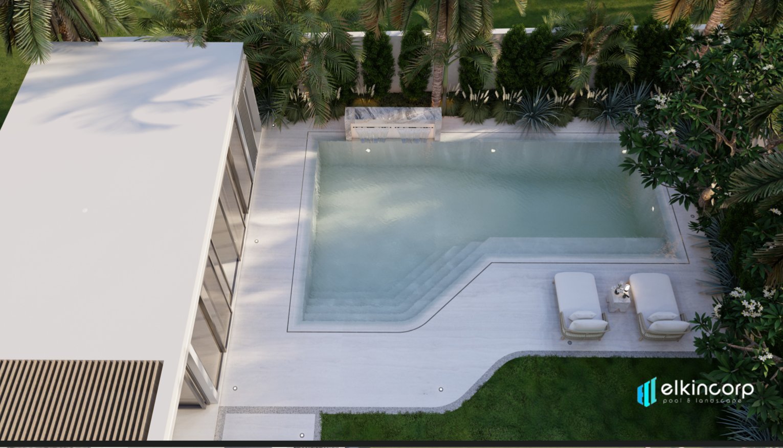 Aerial view of a designed villa pool and garden