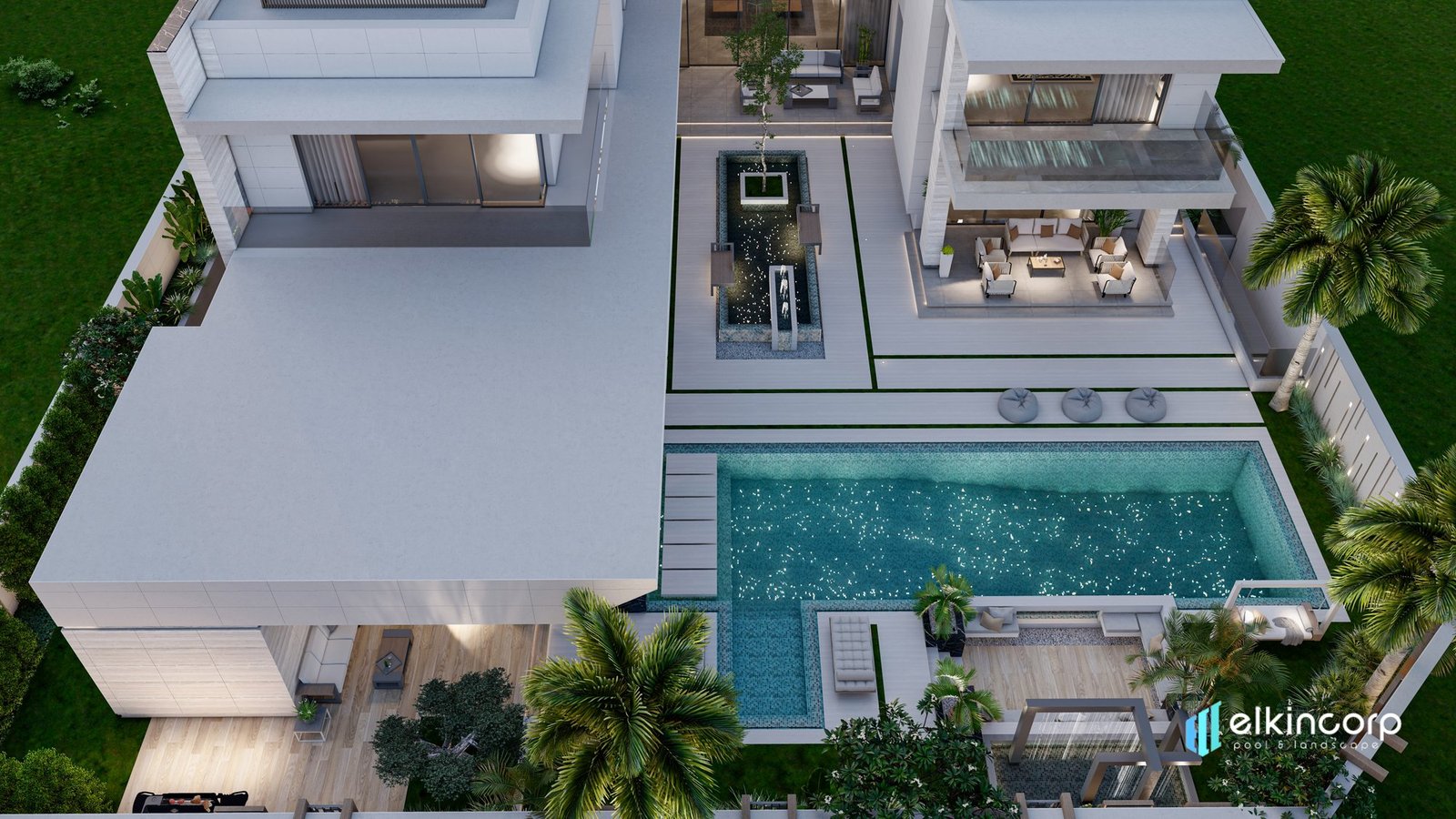 Aerial view of a villa with pool and lounge deck