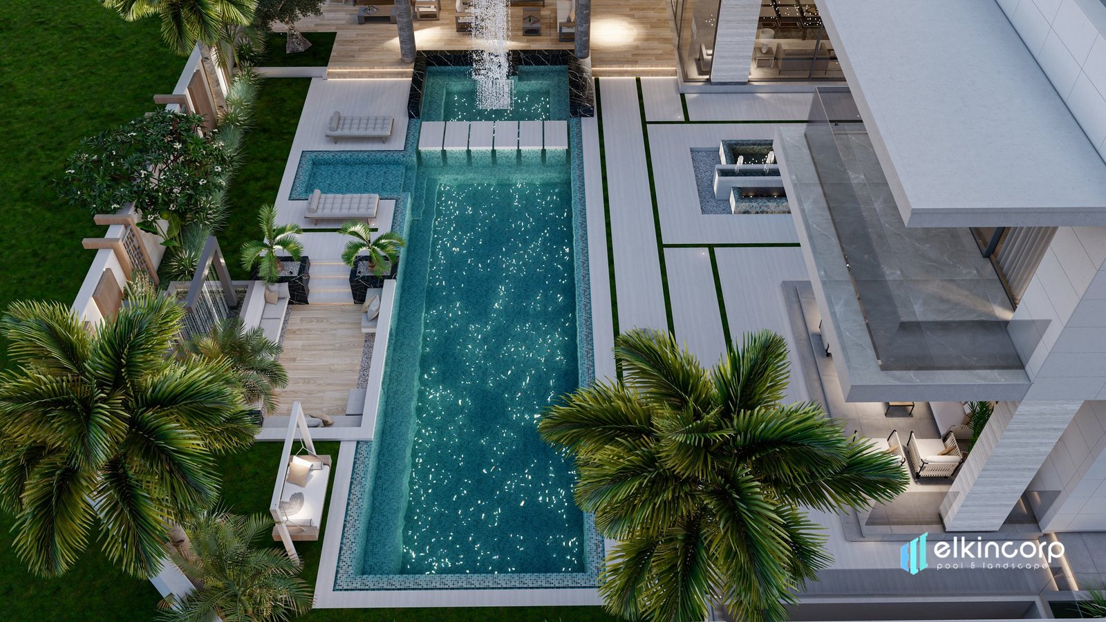 Aerial view of a designed pool with waterfall feature