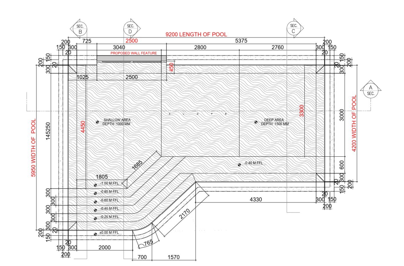 Technical CAD drawing of a villa pool with dimensions and depth levels