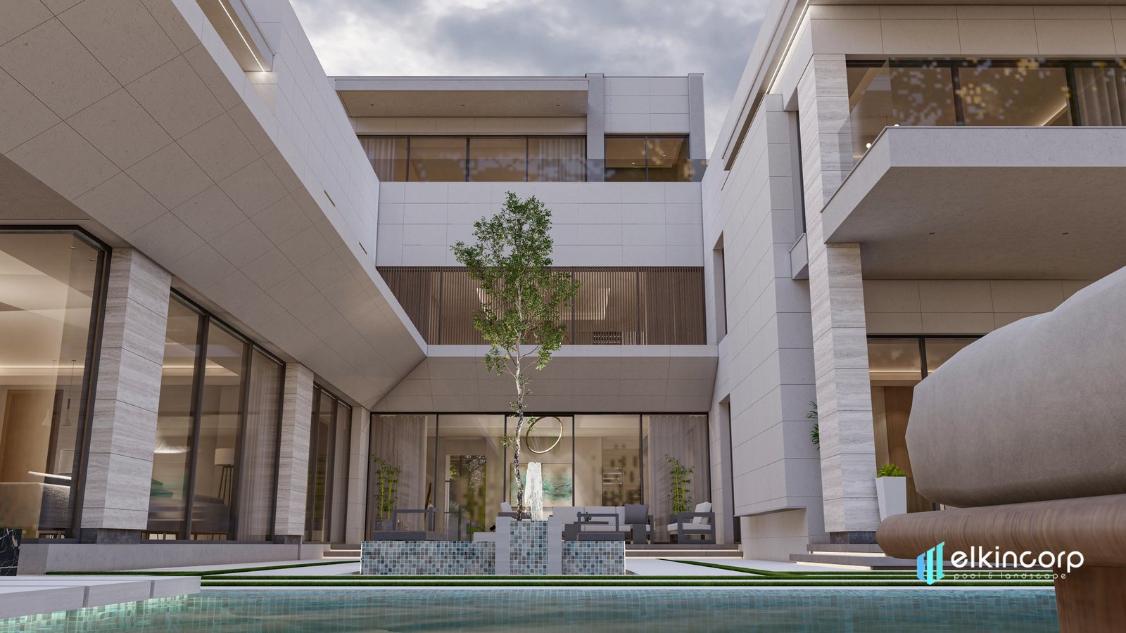 Villa exterior architectural design at dusk