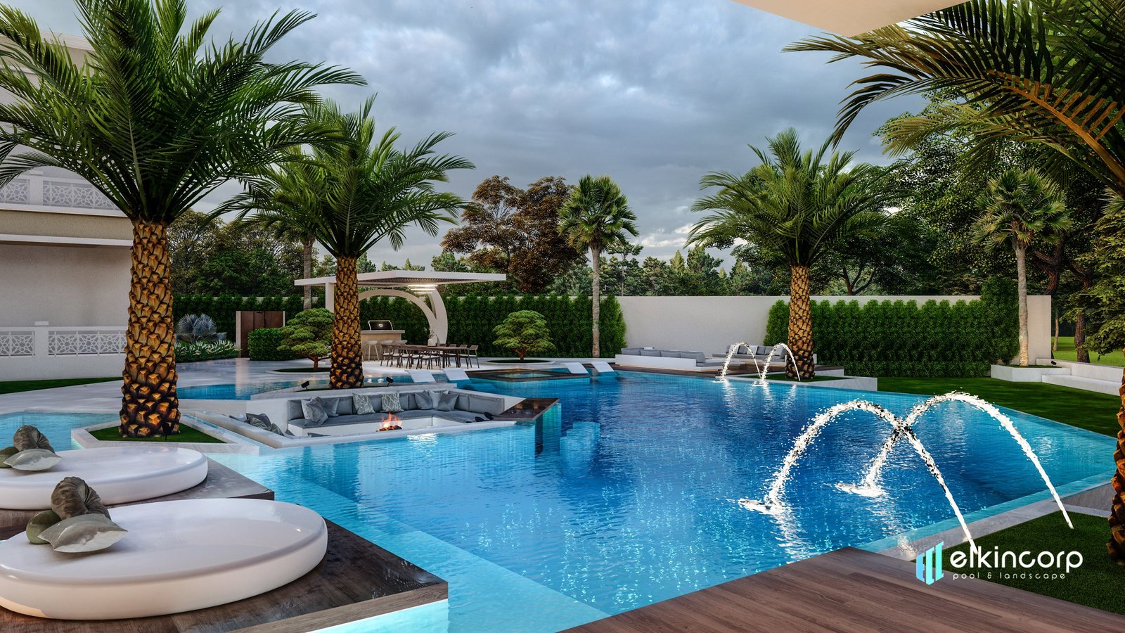 Elkin Corp designed villa pool and outdoor lounge at dusk
