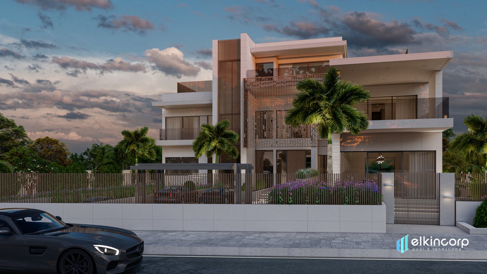 Designed backyard living and pool area at dusk