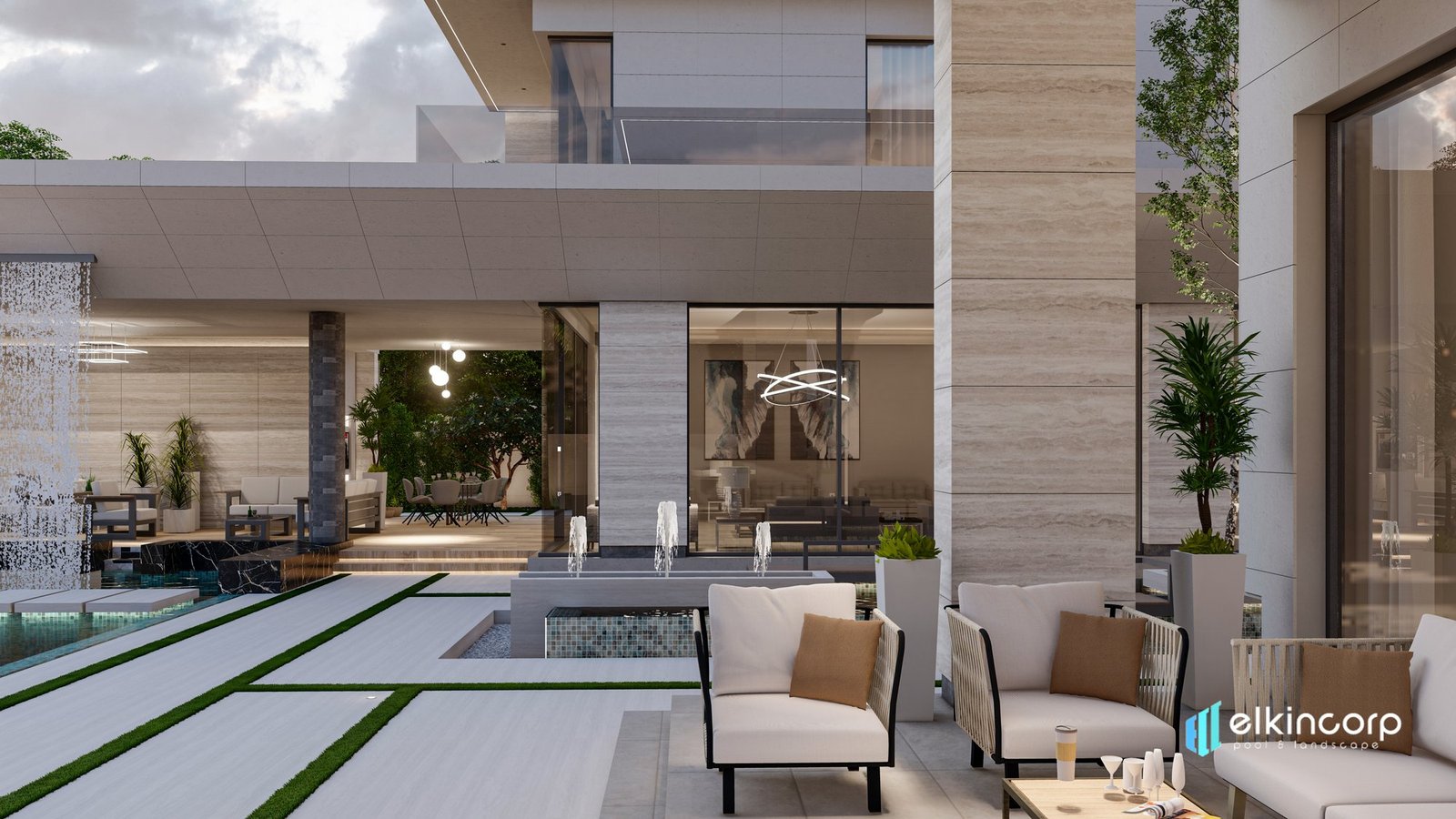 Poolside lounge and water feature design