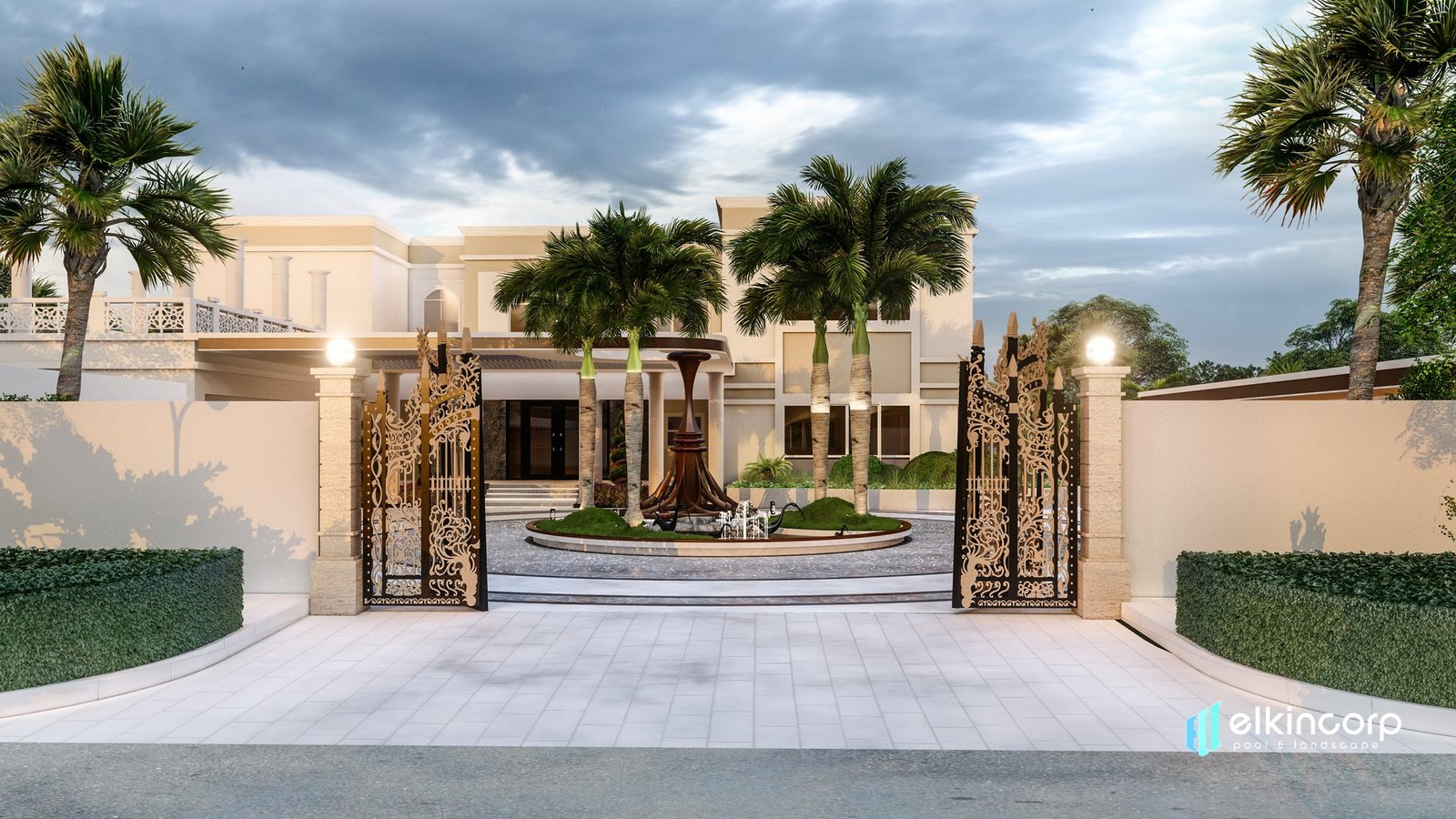 Villa exterior architectural design at dusk