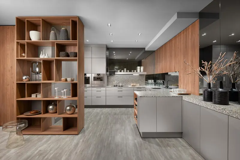 Kitchen with display shelving